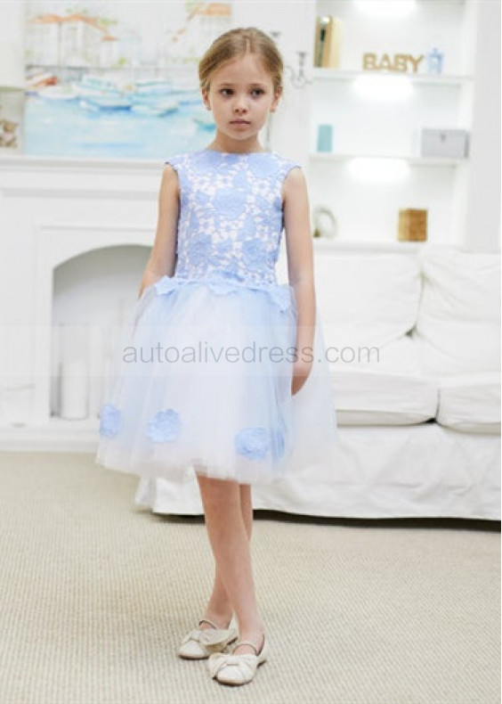 Blue Lace Tulle V Back Flower Girl Dress With Tulle Sash